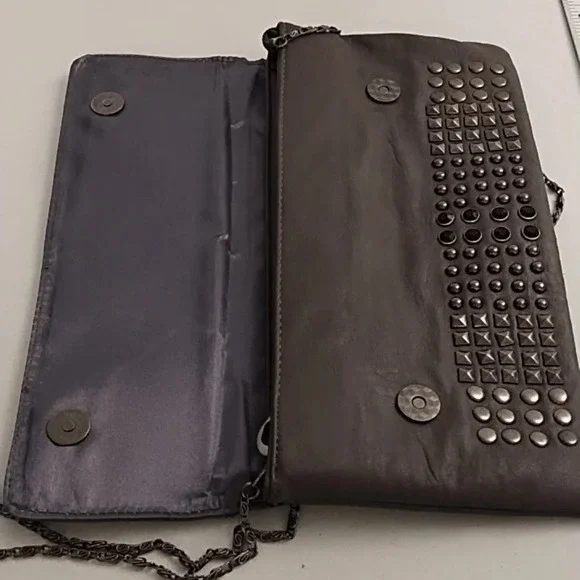 Gray Clutch Crossbody bag Gunmetal Studs Black Faceted Stones Removable Chain - Picture 7 of 11